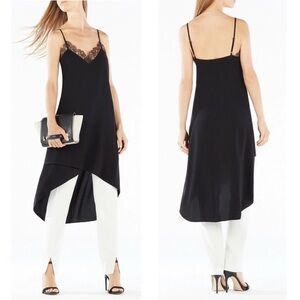 BCBGMAXAZRIA Women’s Astrella Lace Trim High Low Slip Tunic Black Dress Small